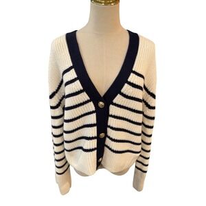 Gap Womens Large‎ Striped Cotton Cardigan Sweater Navy White Gold Buttons V-Neck